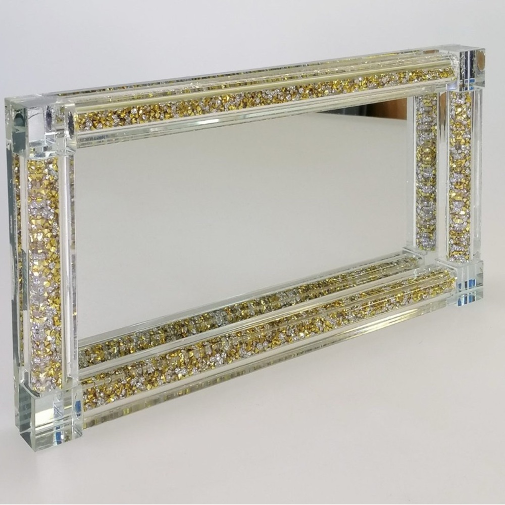 NWT Crystal Glass Tray, Mirror Vanity Tray, Golden Decor Tray Size 34cm X 14 cm - Picture 6 of 16